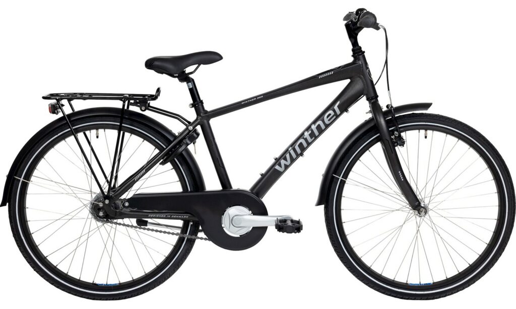 Cyklar hos Leffes av märket Winther i färgen svart med pakethållare